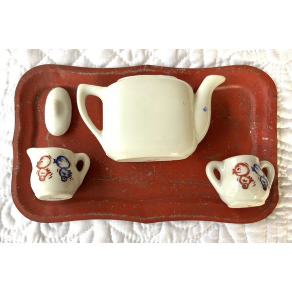 VNTG 9 Piece Children’s Tea Set-1950s-W/Metal Tray-Duck-Made Japan-Hand Painted - Picture 3 of 11